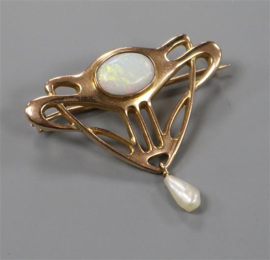 An Edwardian Art Nouveau 9ct gold, white opal and baroque pearl drop brooch, 35mm.